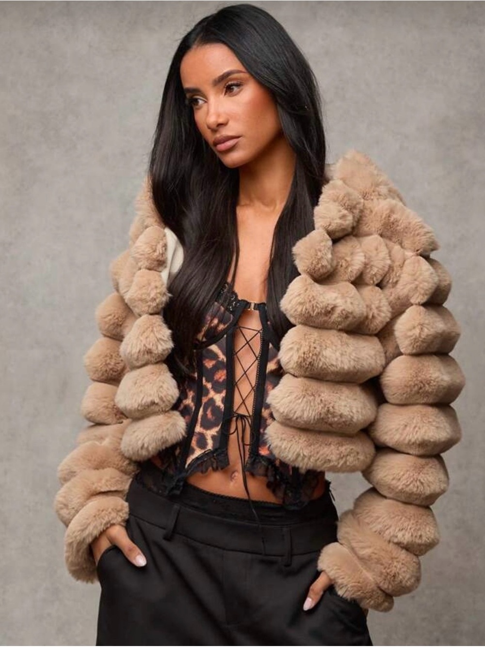 Khaki Bubble Faux Fur Hooded Cropped Jacket | XS
